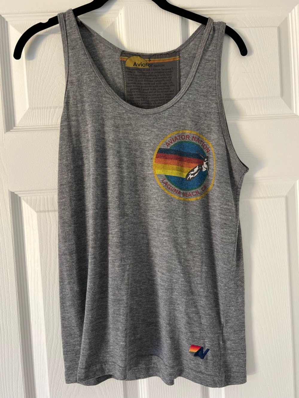 Aviator Nation Heather Gray Retro Rainbow Logo Tank with Laguna Beach Surfer